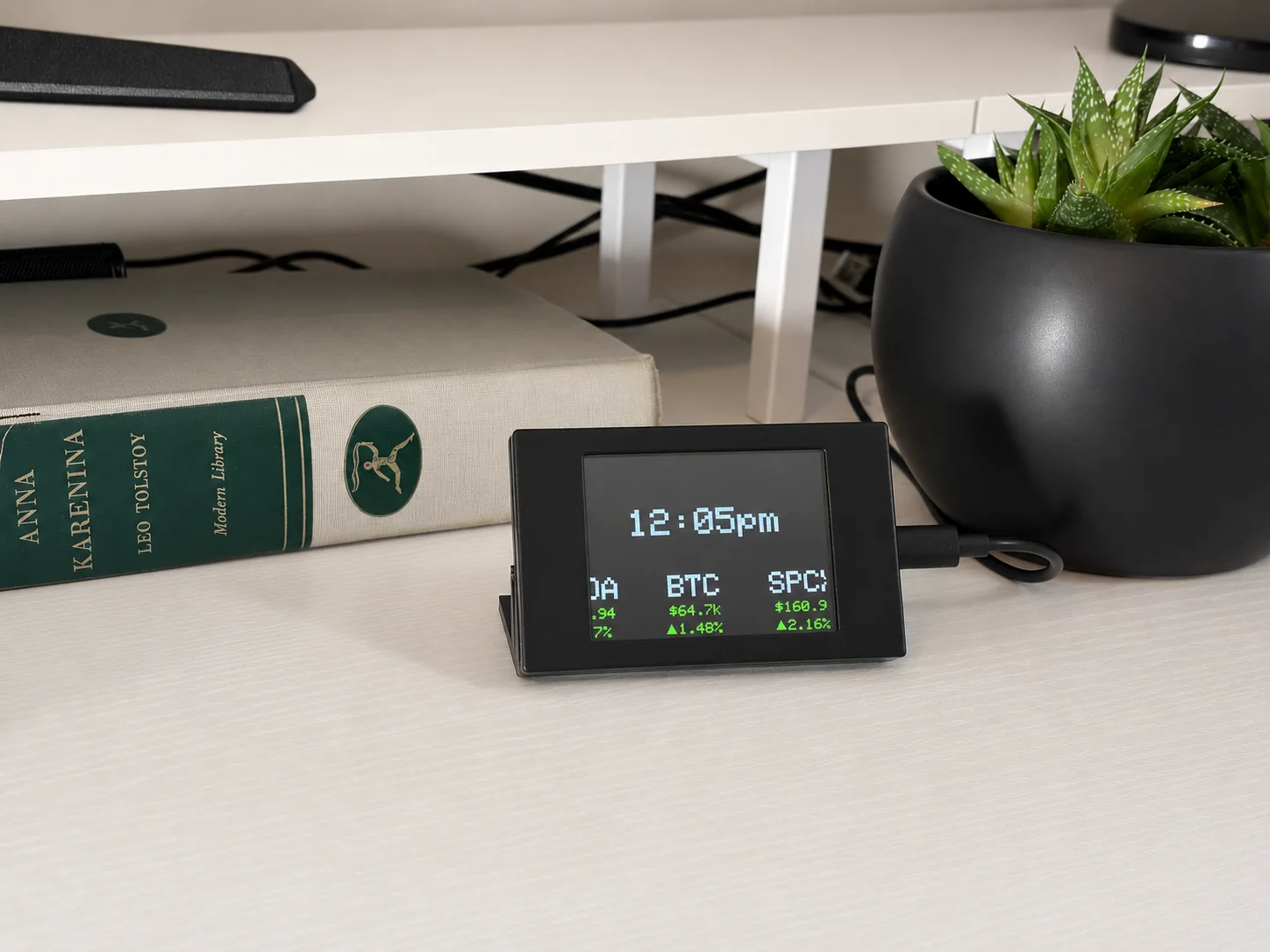 WiFi stock and crypto ticker displaying market prices on a desk